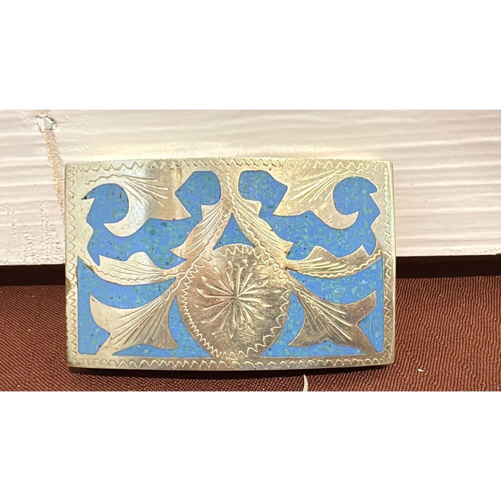 Vintage Western Style Dress Belt Buckle Silver Tone Metal W/ Blue Accent